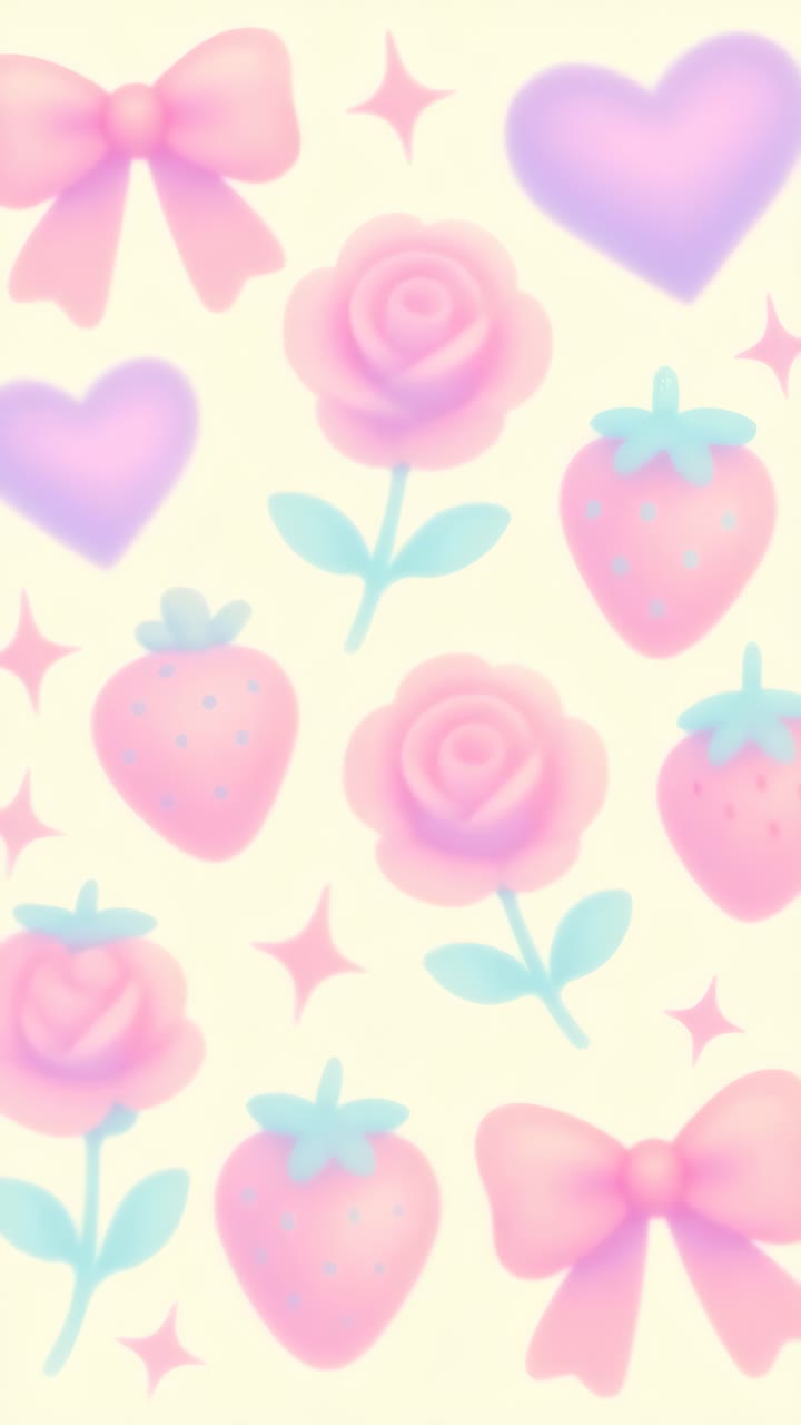 Ripresa video dall'alto stravagante di icone color pastello: fragole, rose, cuori e fiocchi