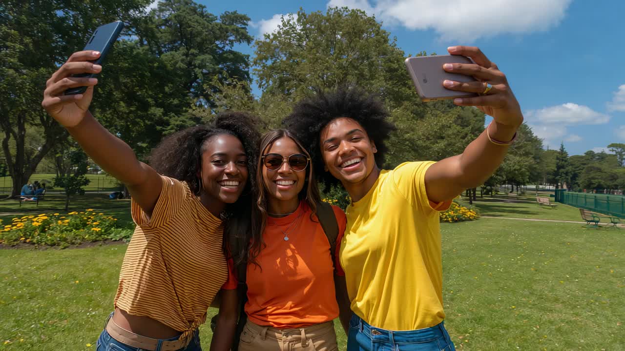 Trio che registra con il telefono mentre posa per un selfie in un parco, tiene in mano due telefoni, indossa occhiali da sole e uno zaino