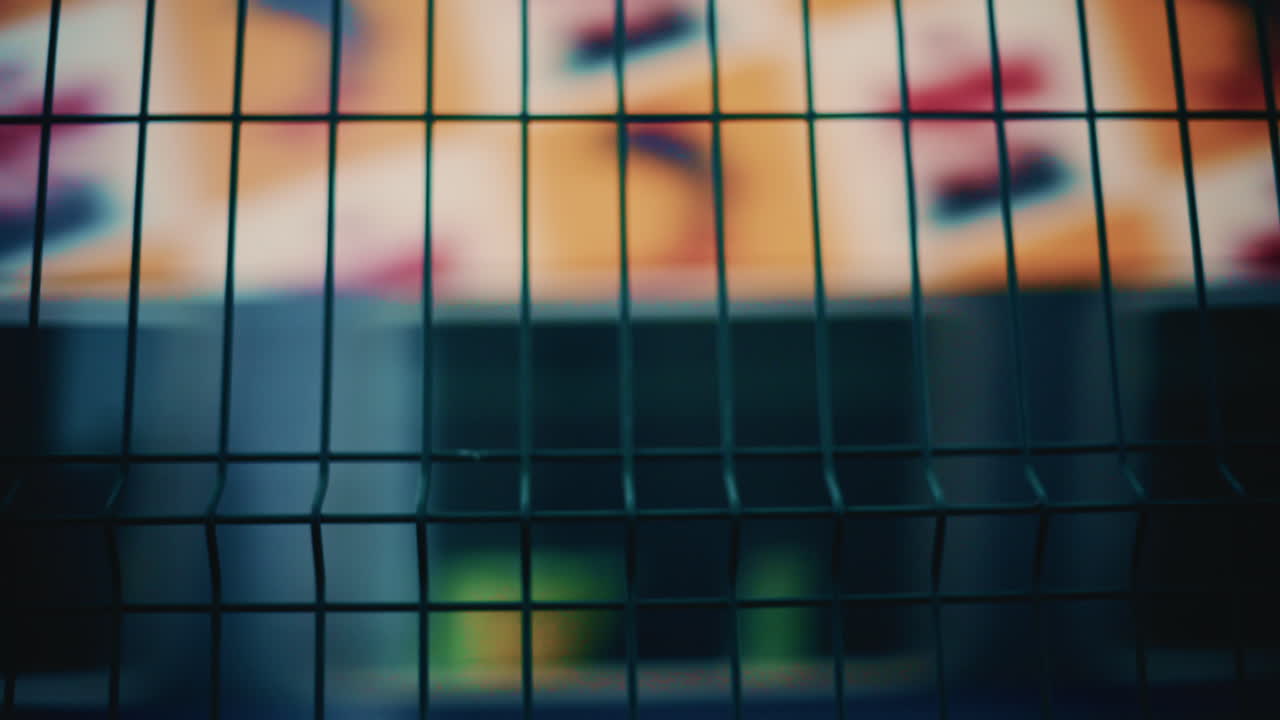 A train passing behind a metal fence, with colorful motion and shallow focus