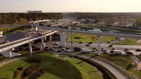 aerial view of a freeway intersection traffic trails in moscow.