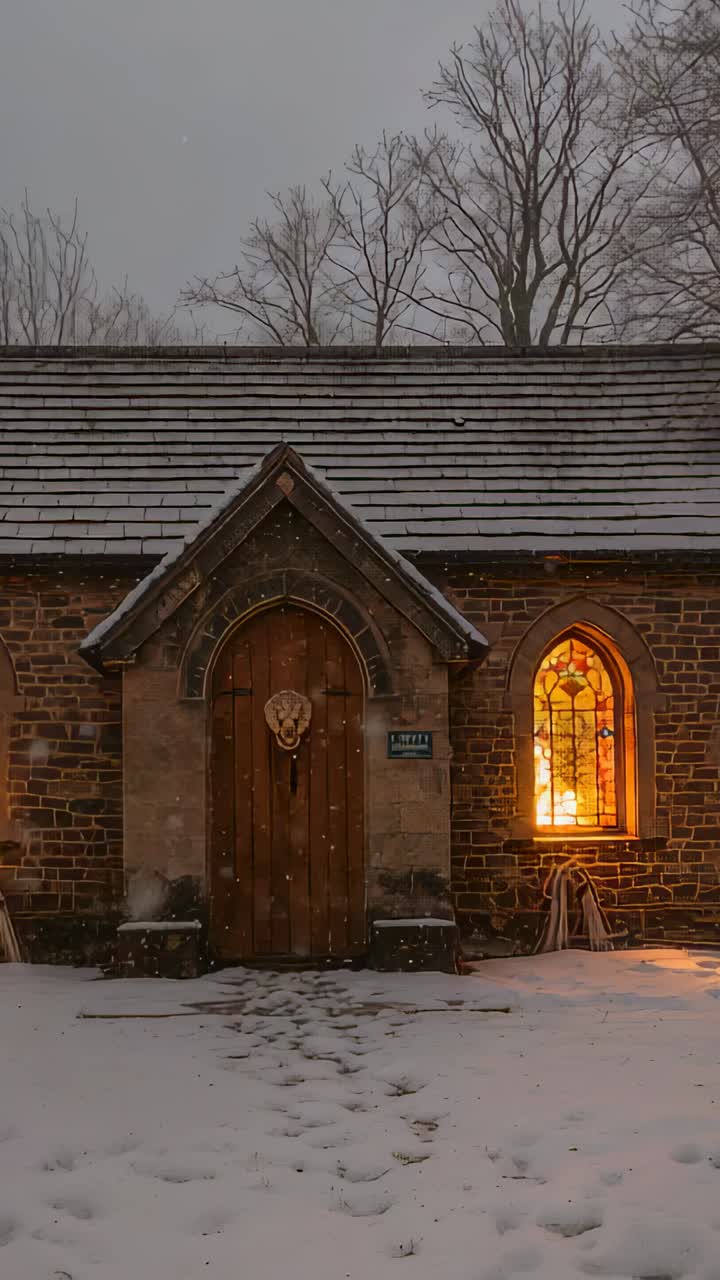 Vertical video: Flickering stained glass light bathing winter chapel, trail leading to door knocker
