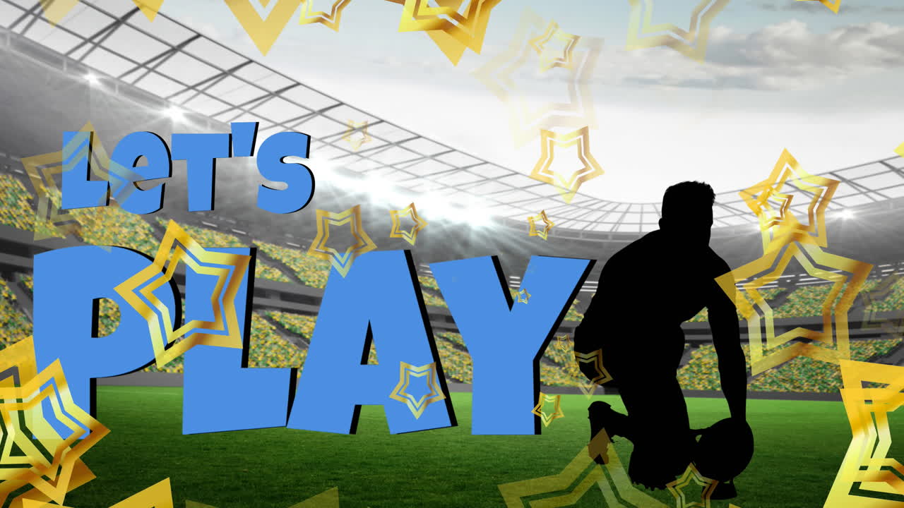 스타의 애니메이션과 스타디움에서 공과 함께 럭비 선수에 대한 텍스트를 재생합니다.