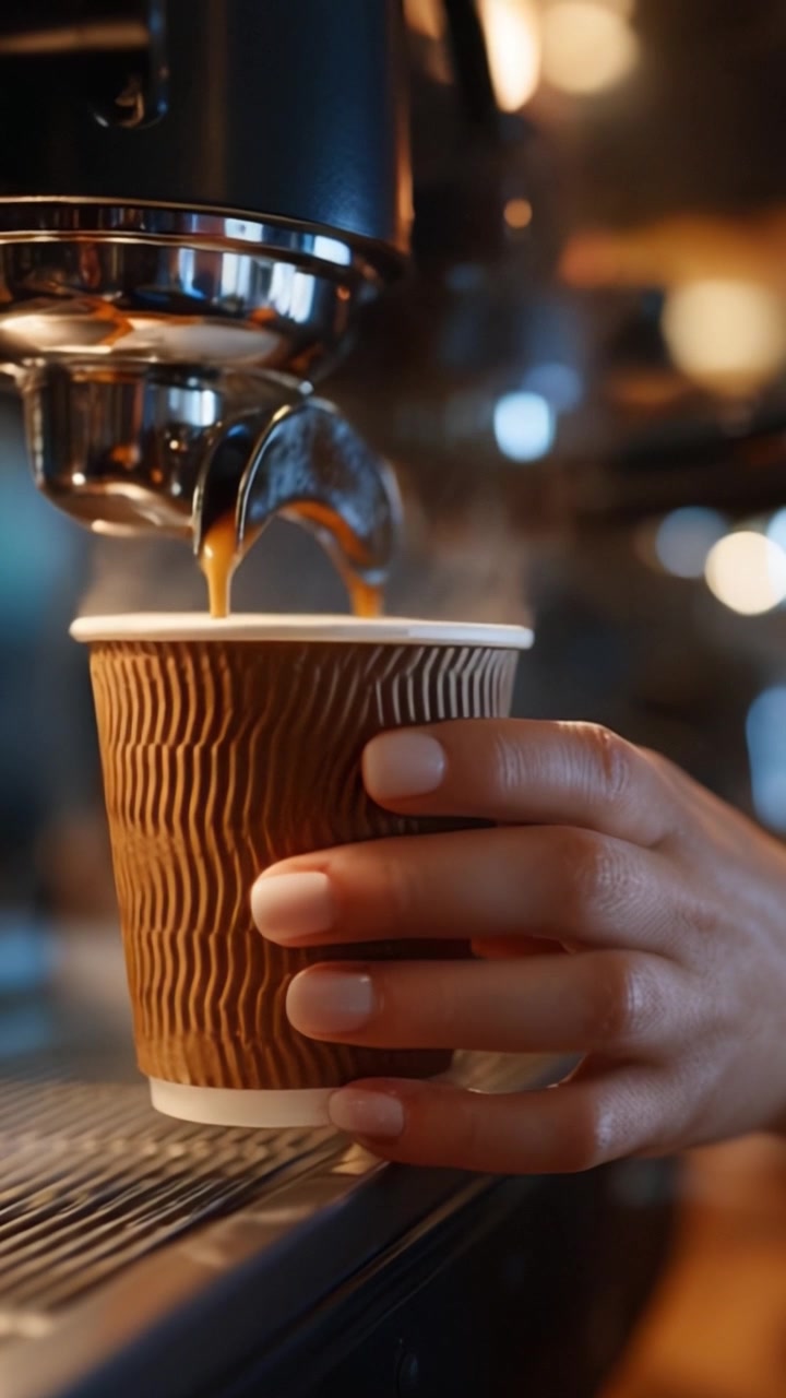 Mani eleganti che tengono una tazza di caffè mentre viene estratto un caffè espresso fresco, catturando l'essenza di una calda esperienza da caffè con vapore e aromi intensi.