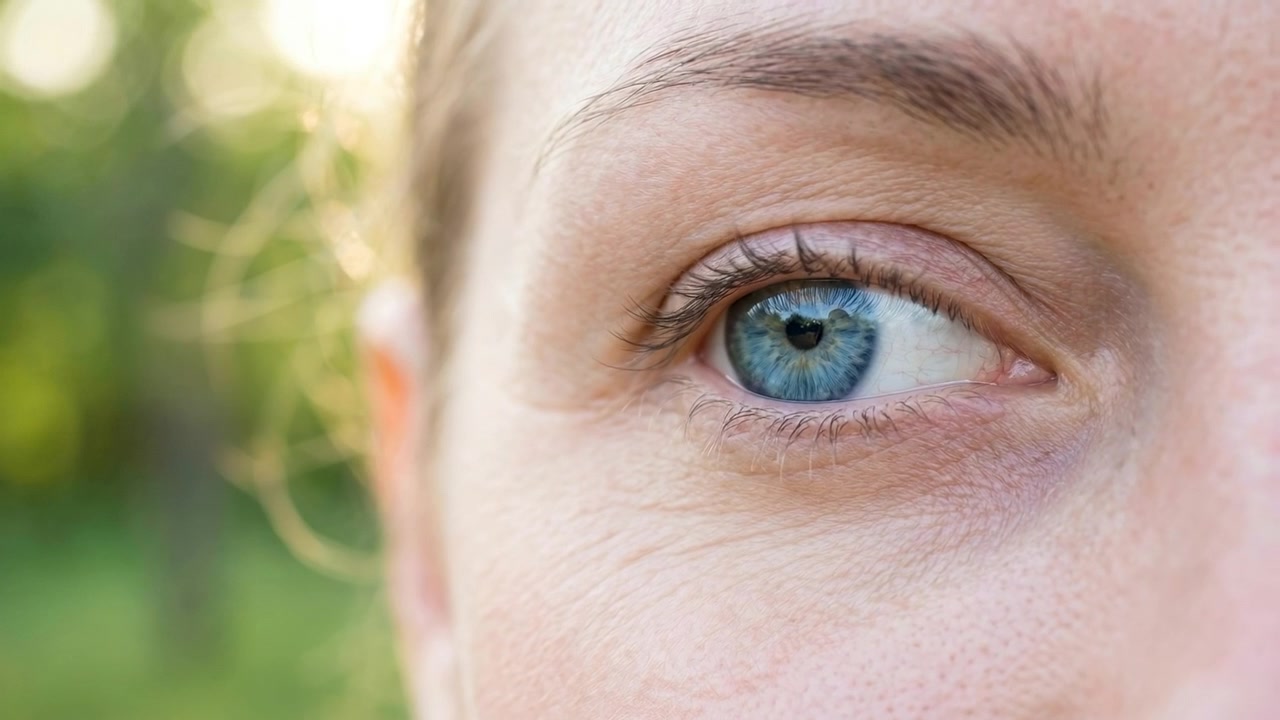 Extrem Nahaufnahme eines blauen menschlichen Auges, das direkt in die Kameralinse blickt.