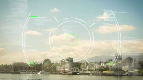 animation of data processing and scope scanning over aerial view of cityscape