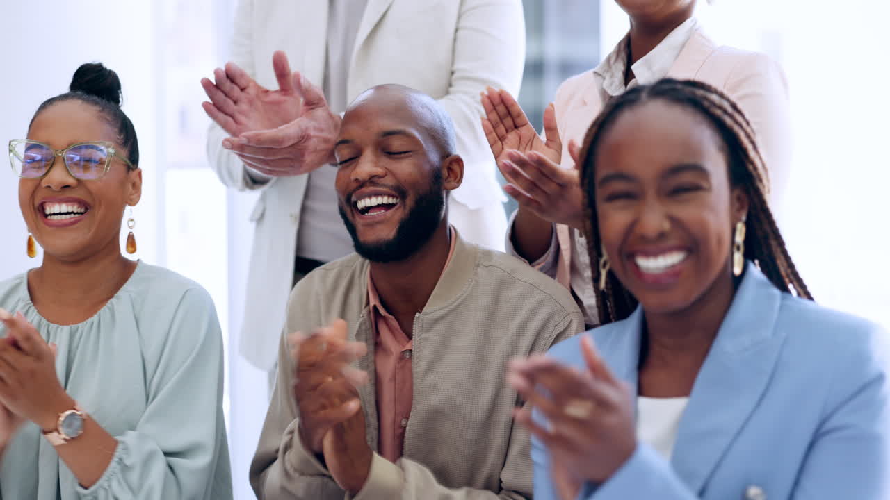 Business people, success or clapping in office