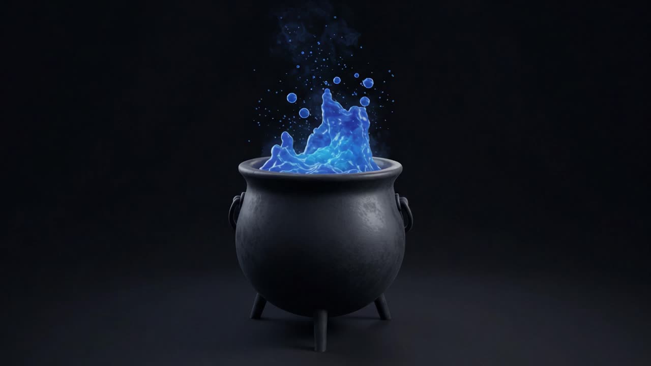 An Enigmatic Cauldron Emitting Mystical Blue Vapor and Bubbles, Capturing the Essence of Alchemy and Imagination in a Darkened Setting
