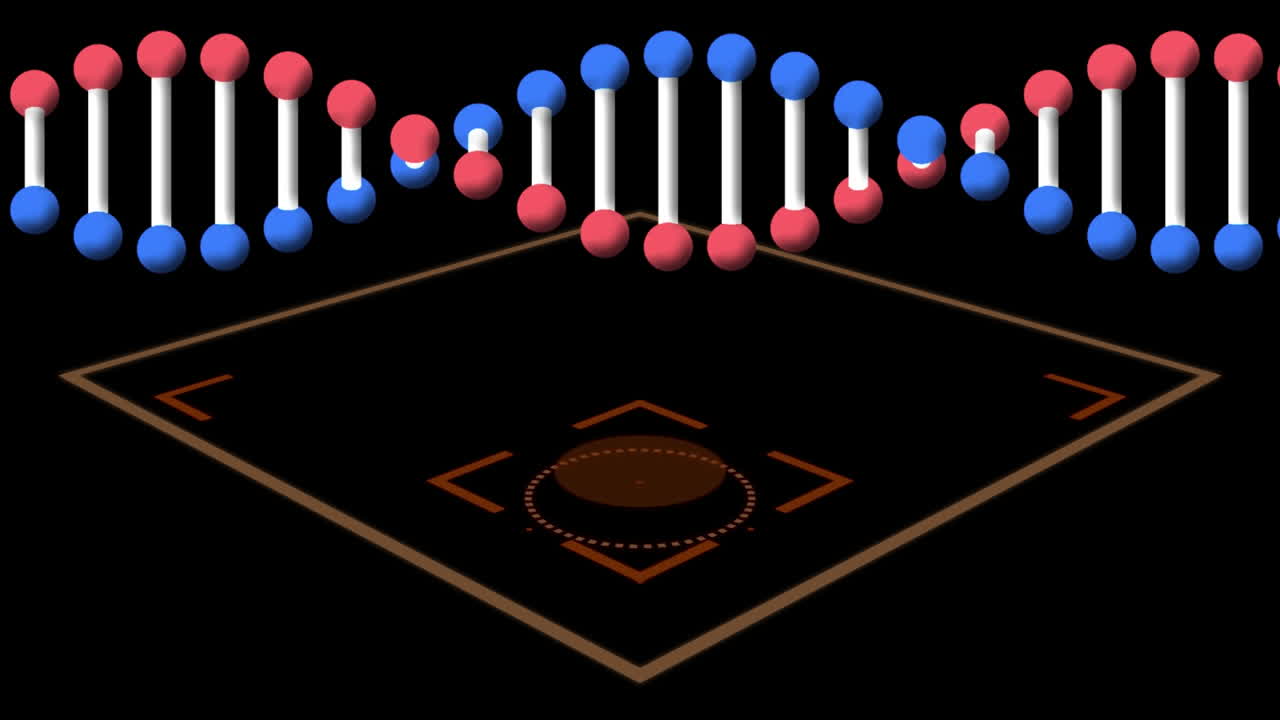 검은 바탕에서 움직이는 회전하는 dna 가닥과 사각형 범위의 애니메이션