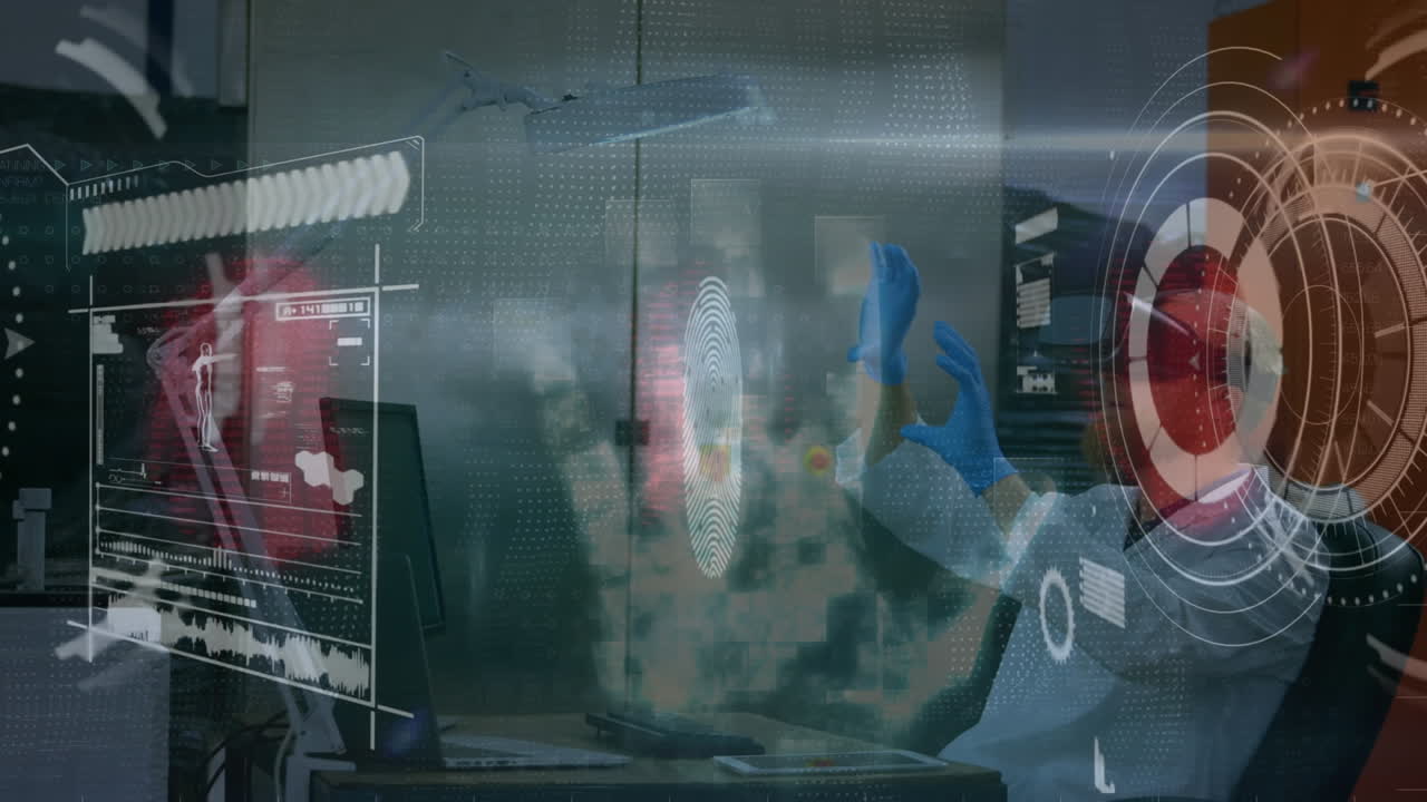 Animazione di allarme di cyber attacco su scienziato con visore VR