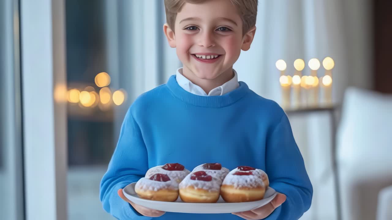 At home during Hanukkah, a jewish boy holding a tray of donuts with strawberry jam
