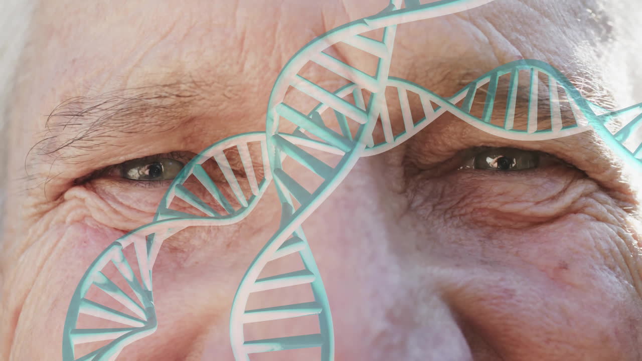 Close-up of elderly person eyes with DNA strand animation appearing