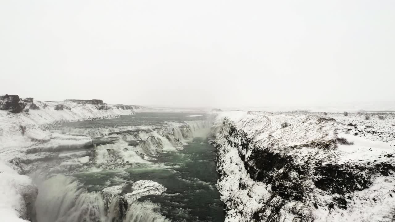 Aerial view displaying the icy Hvítá River, snow-covered cliffs, and dramatic cascades of Gullfoss in Iceland’s Golden Circle.