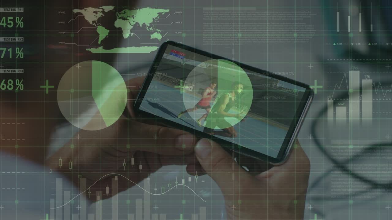 animación de estadísticas y procesamiento de datos sobre un hombre caucásico viendo corredores en un teléfono inteligente