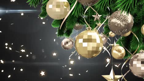 Animation-of-christmas-tree-and-gold-baubles,-with-falling-glowing-stars