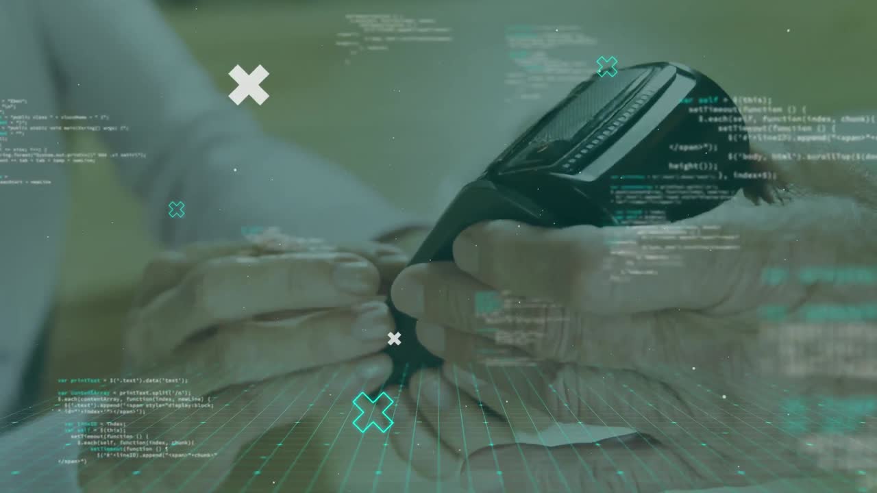 하 ⁇  십자가가 떠다니는 파란색 데이터 프로세싱의 애니메이션 백인 여성 지불