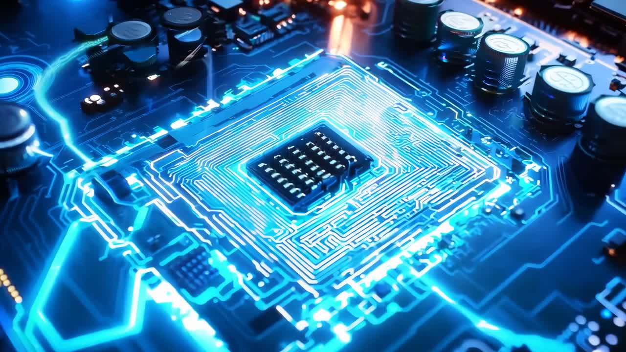 un close-up di una scheda madre di un computer con una luce blu su di esso