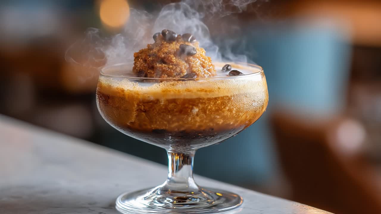 A Delectable Dessert Cocktail Featuring a Frothy Coffee Base Topped with Creamy Aroma and Garnished with Coffee Beans, Exuding a Smoky Essence