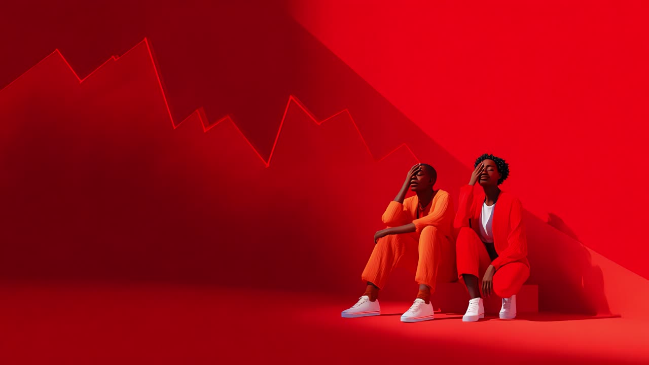 A vivid portrayal of two individuals expressing emotions of stress and despair against a striking red backdrop, symbolizing turmoil and the inevitable challenges life can present