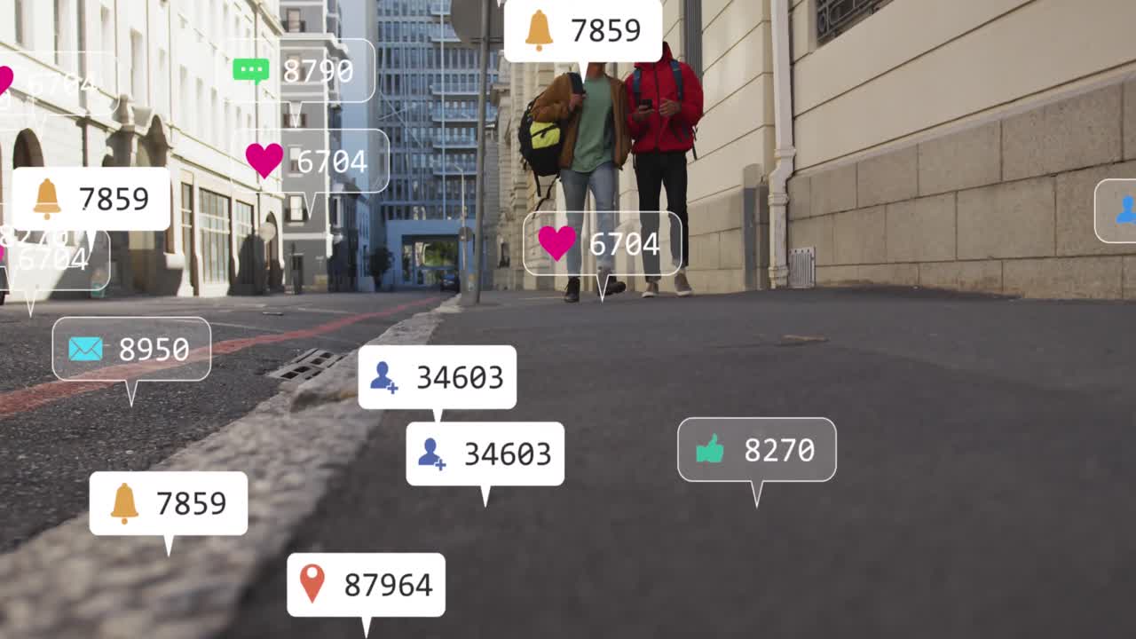 두 명의 아프리카계 미국인 남성이 거리에서  ⁇ 는 동안 토론하는 소셜 미디어 아이콘의 애니메이션