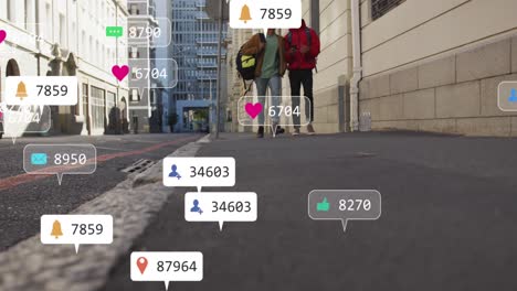 animación de iconos de las redes sociales sobre dos hombres afroamericanos discutiendo mientras caminan por la calle