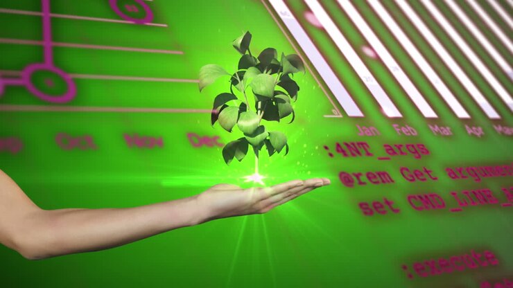 анимация руки с деревом и обработкой данных на зеленом фоне