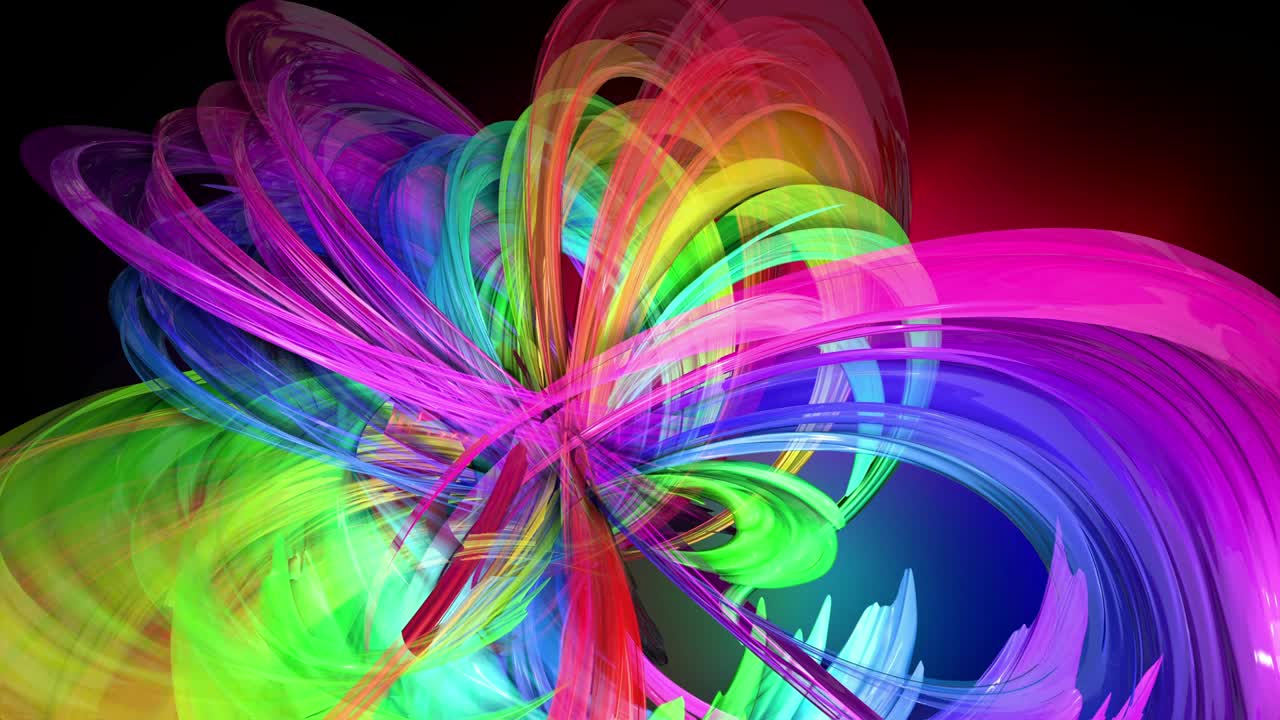 라인과 리본으로 추상적인 배경으로 원으로 움직이는 네온 빛을 가진 무지개 색의 테이프의 4k 다채로운 루프 애니메이션.