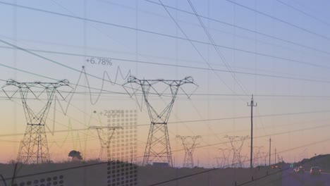 animation of statistics and data processing over electricity pylon and landscape