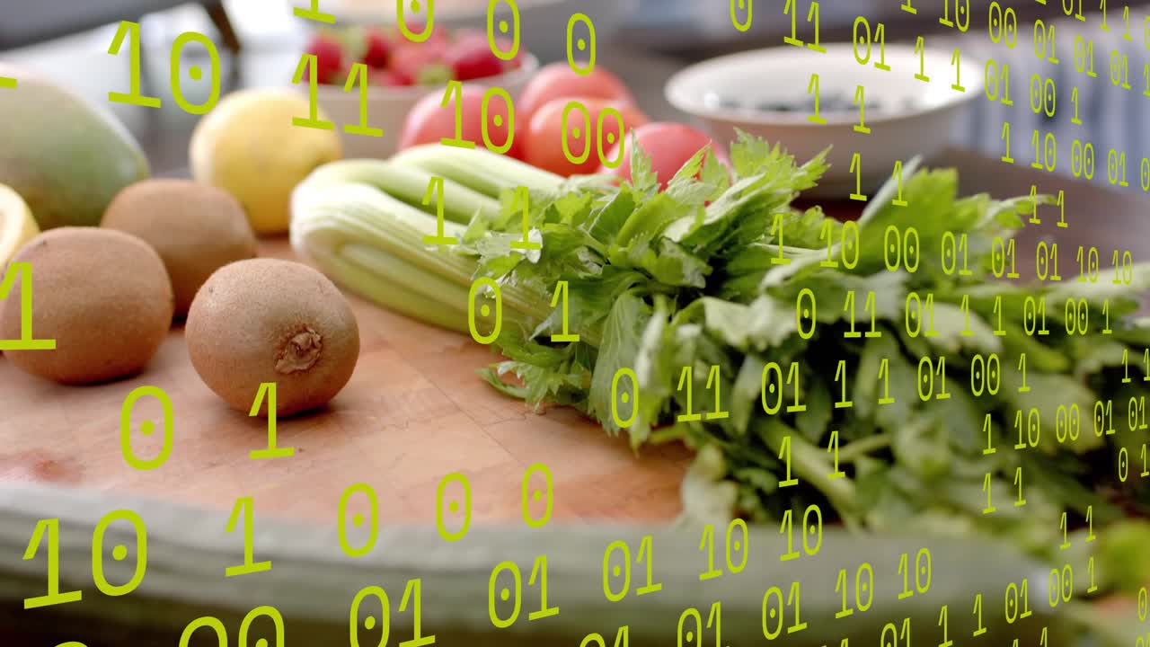 Cam moving closer, celery tomato coming forward while green binary drifting, showing fresh produce