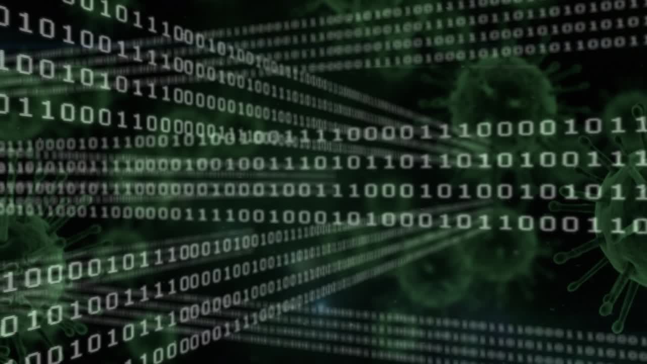 Opening green binary streams, showing virus icons, sliding into fade, visualizing infection