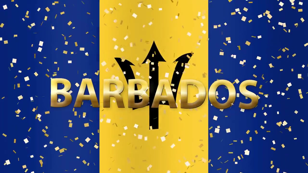 Animeret Barbados-flag blafrer bag faldende guldkonfetti og metallisk 3D-landenavnstekst.