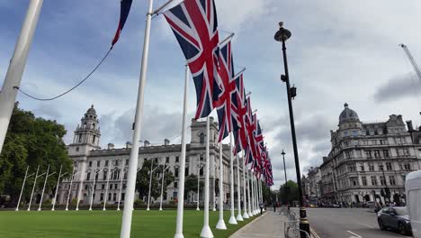 row of union jack flags in london