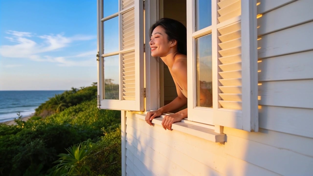 Donna in top senza maniche, appoggiata in una casa costiera, che sente la brezza e si gode la vista sul mare dalle persiane