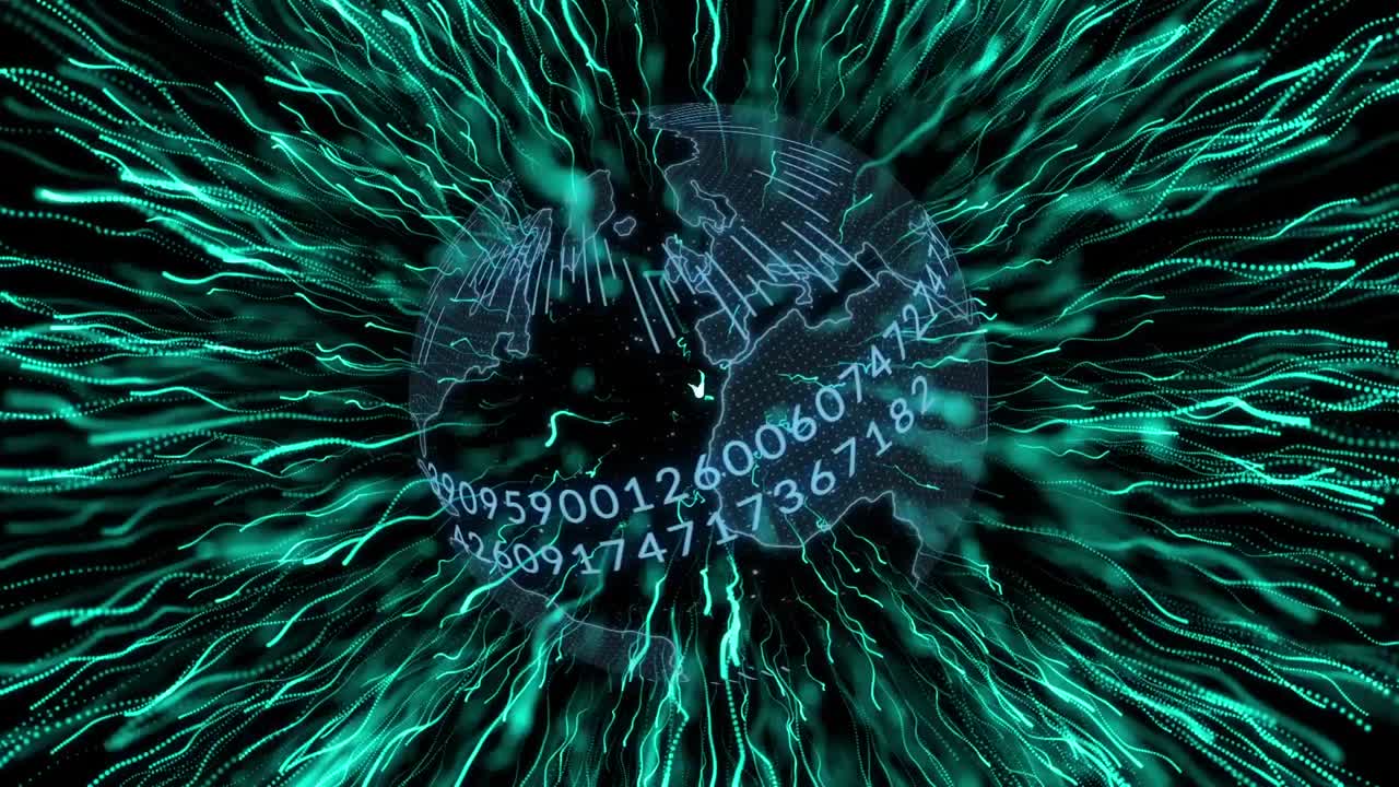 Animation of moving blue moving globe and data processing