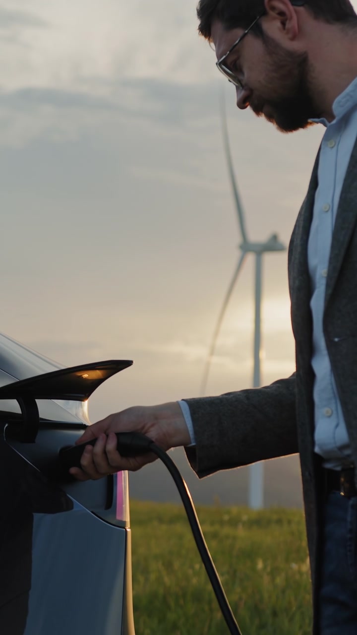 Uomo in abito usa lo smartphone mentre ricarica un veicolo elettrico presso una stazione di ricarica con turbine eoliche.