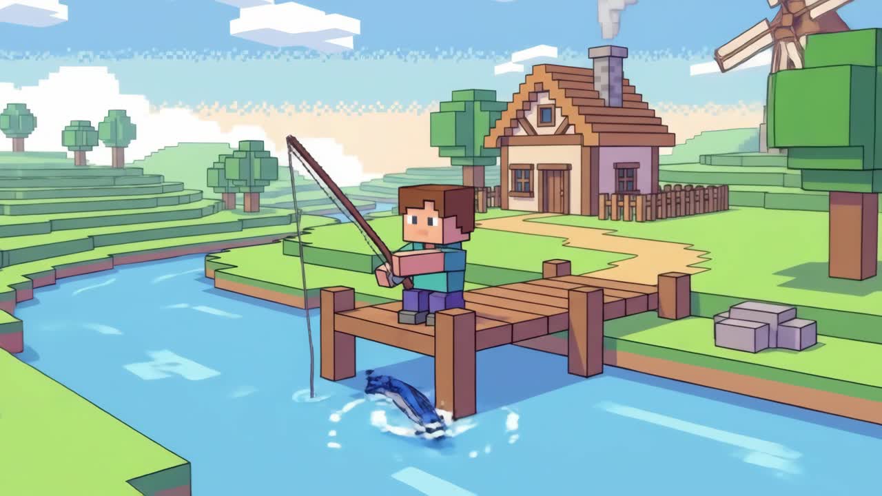 Pixelated Character Fishing from a Dock in a Blocky Landscape | Premium ...
