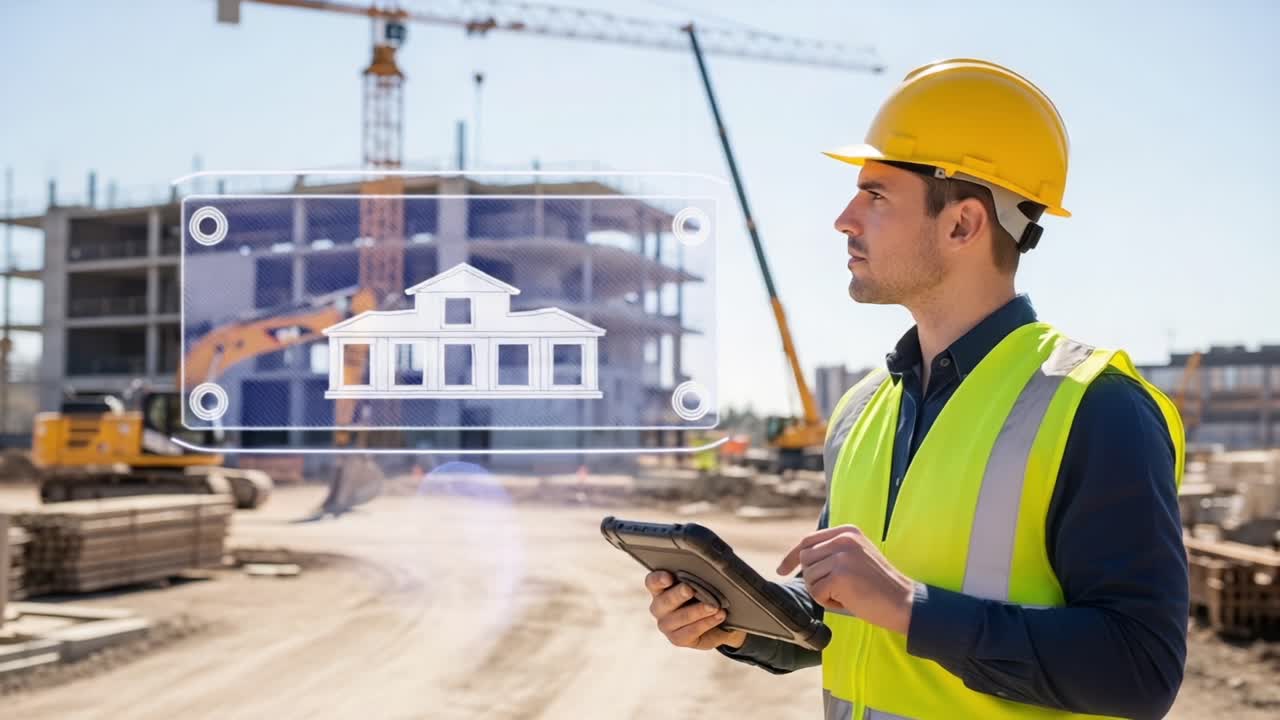 Construction Manager Using Tablet on Job Site: Innovative Technology Shapes Building Plans and Design in Dynamic Construction Environment