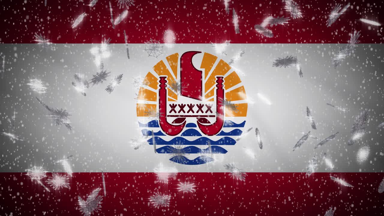 French Polynesia flag falling snow loopable, New Year and Christmas, loop