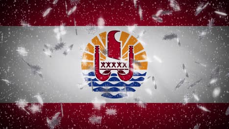 french polynesia flag falling snow loopable, new year and christmas, loop