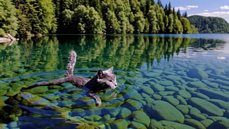 grey cat swimming in a crystal-clear mountain lake