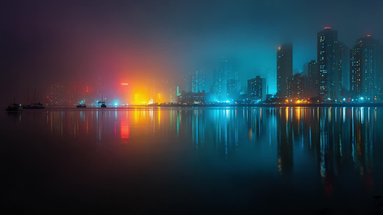 A Stunning Nightscape of a City Skyline Illuminated by Multicolored Lights Reflecting on a Calm Water Surface Enshrouded in Mist and Fog