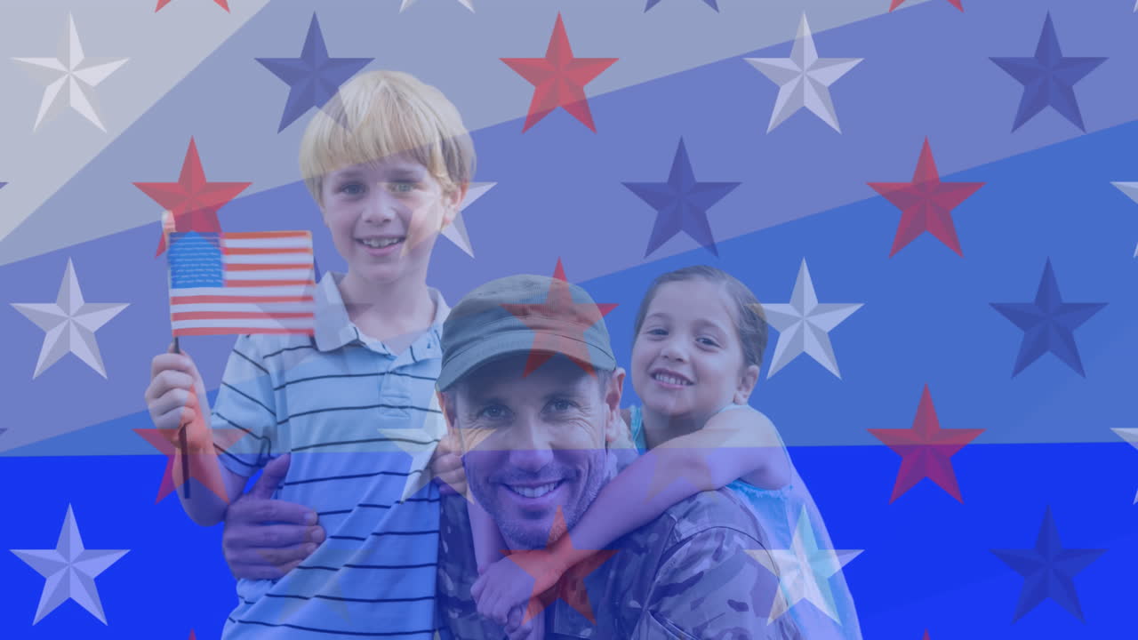 미국  ⁇ 발의 별과 줄무 ⁇  위에서 웃는 군인 아버지와 아들과 딸의 구성
