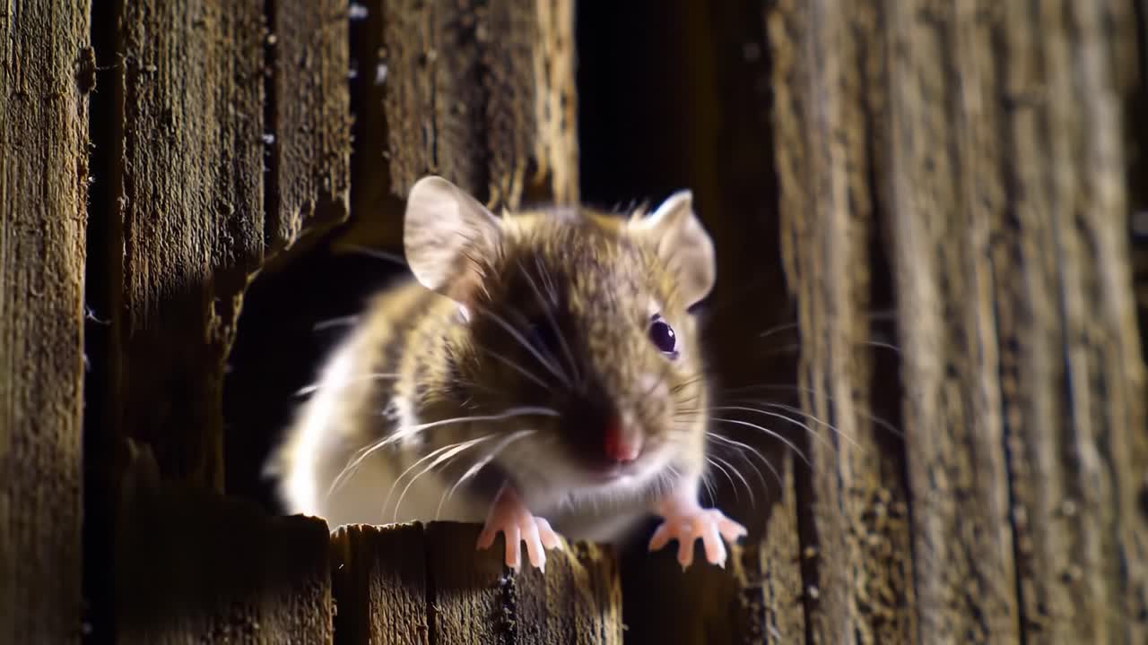 A small mouse cautiously emerges from a hole in a wooden structure during the evening. Its whiskers twitch as it explores the surroundings, showcasing a moment of curiosity in nature.