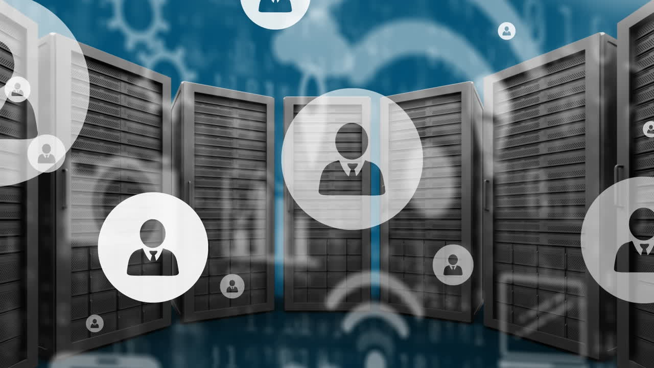 Animation of media icons over server room