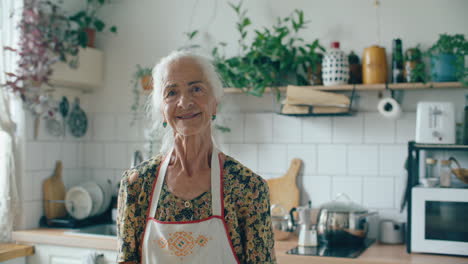 portrait of elderly woman smiling at camera in home kitchen