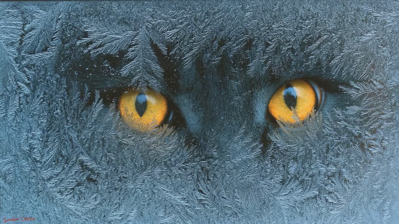 Geheimnisvolle schwarze Katze mit leuchtend gelben Augen, die an einem kalten Wintertag aufmerksam aus dem Dunkeln durch ein mit komplizierten blauen Eismustern bedecktes Fenster späht und einen intensiven Blick erzeugt