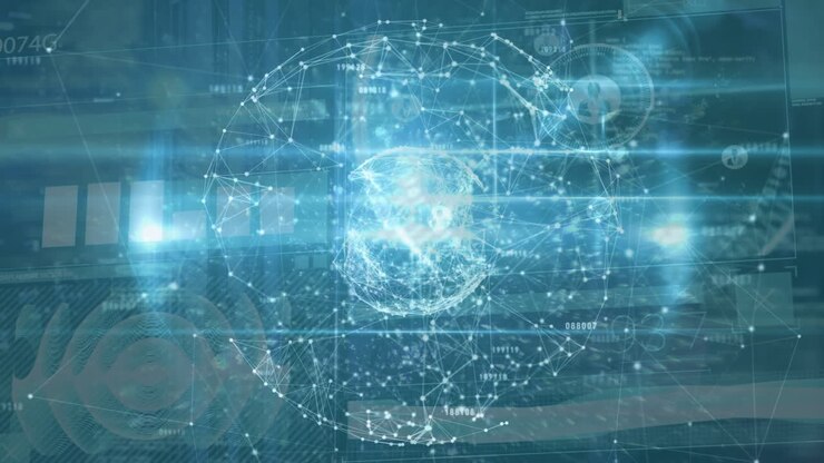 Animation of network of connections and data processing over server room
