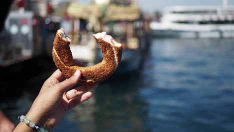 closeup of a turkish simit with sesame seeds