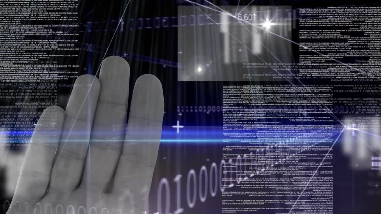 Animation of hand over data processing and binary coding