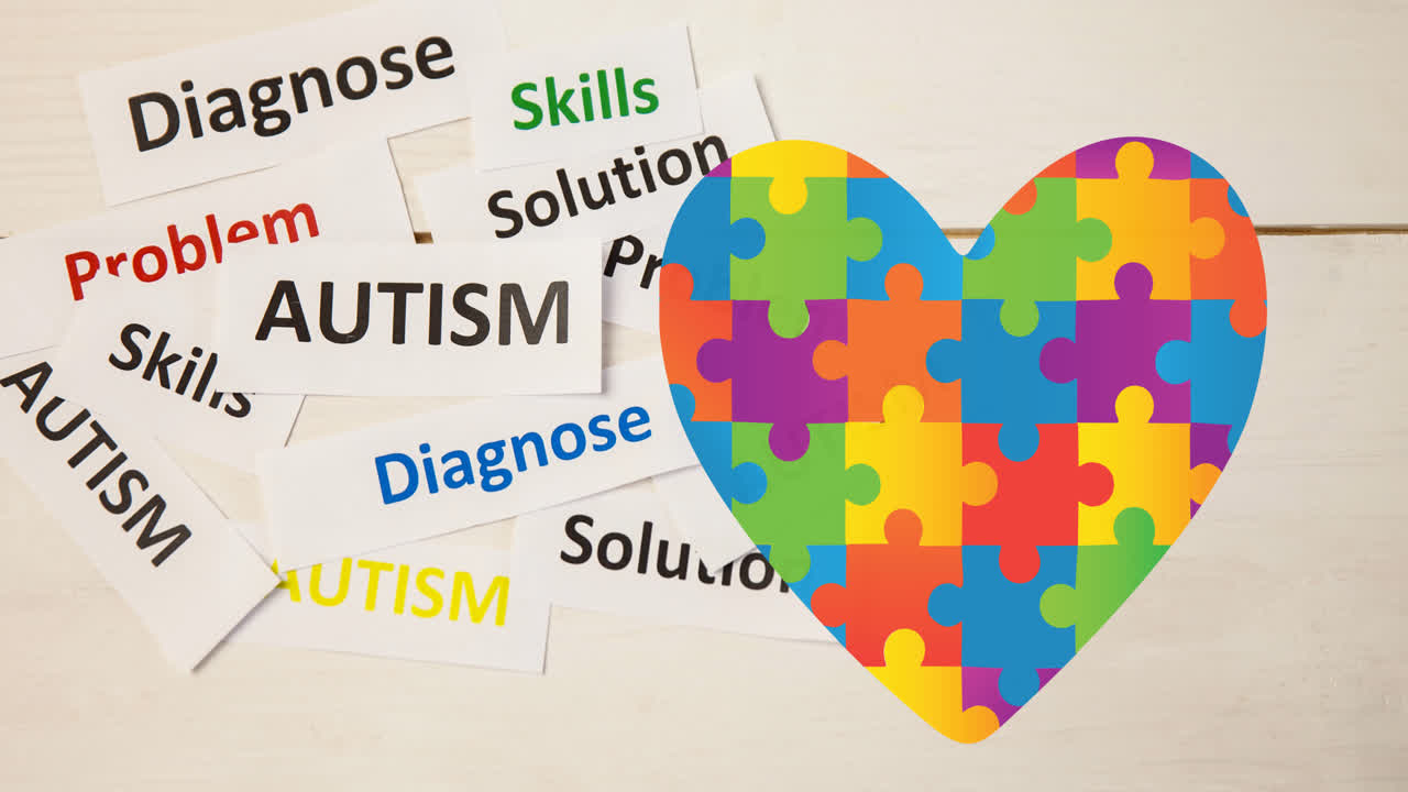 animación de texto de autismo sobre el corazón formado con rompecabezas de conciencia del autismo en blanco