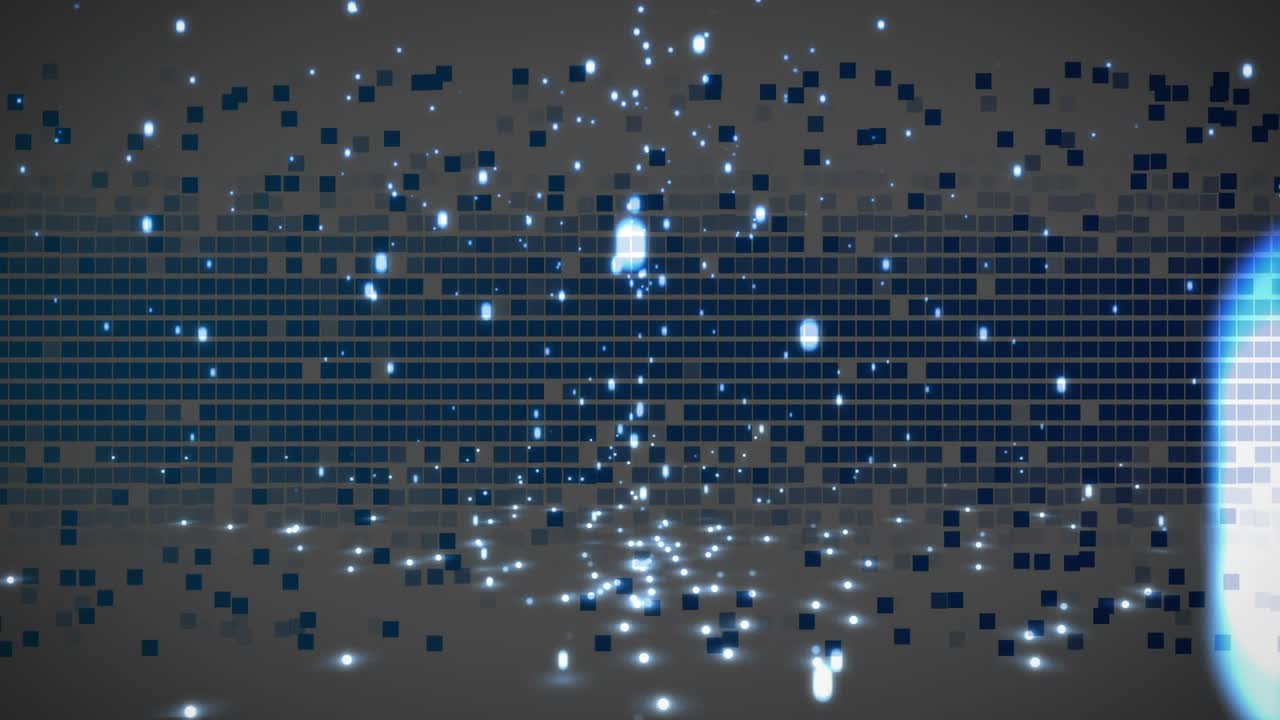 Sparking particles at bottom forming rising beam, tiles drifting outward highlighting digital grid